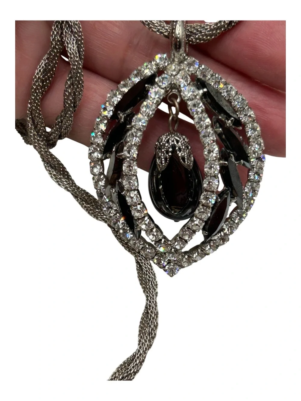 Vintage Juliana Hematite Glass Drop Rhinestone Pendant Necklace
